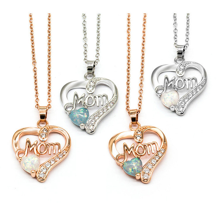 Quick-sell wish exploded to sell mom love heart-shaped Aobao Necklace copper-silver-plated zircon mother\'s birthday gift