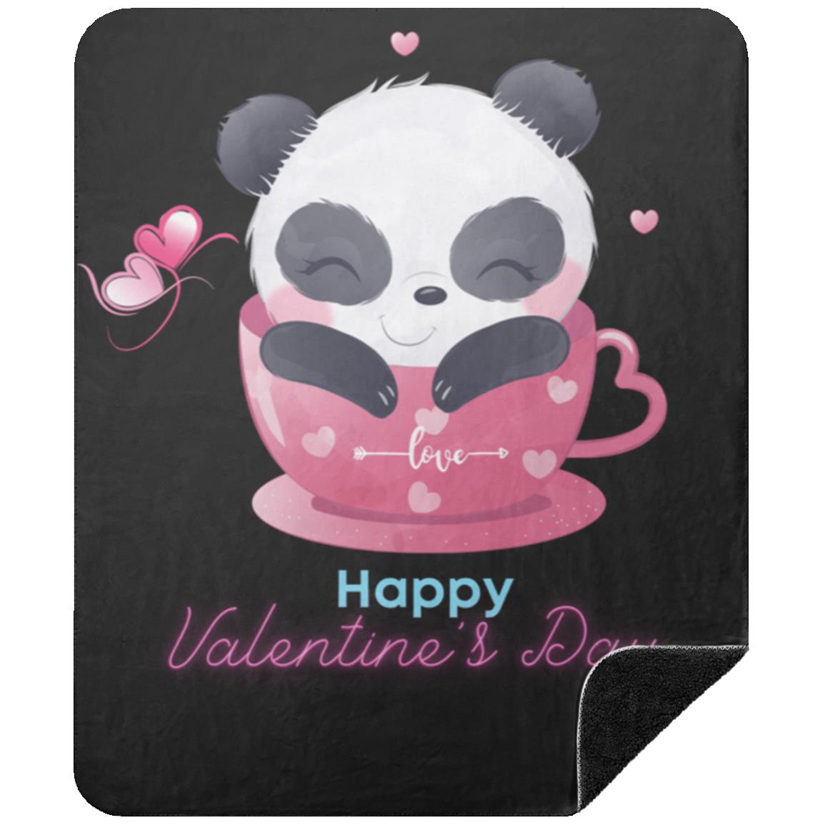 Panda Happy Valentine’s Day Premium Black Sherpa Blanket 50x60