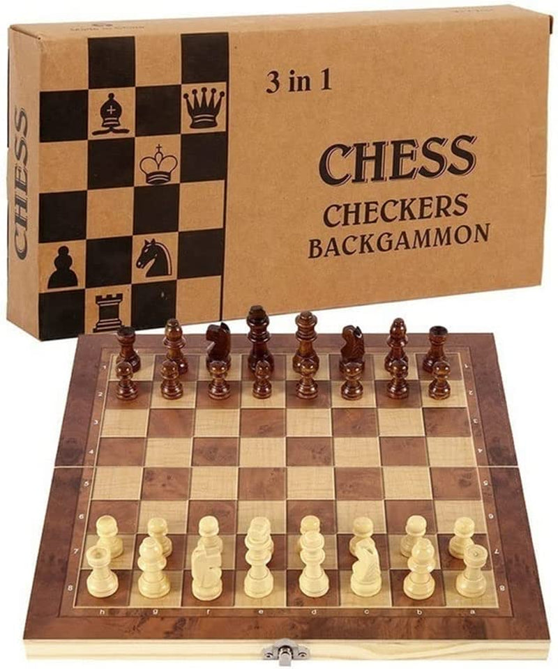 Chess Set，Folding Storage Wooden Chess Board Sets，3 in 1 Chess Board Game for Adults and Kids （Chess，Backgammon，Checkers），Exquisite Wooden Chess Pieces