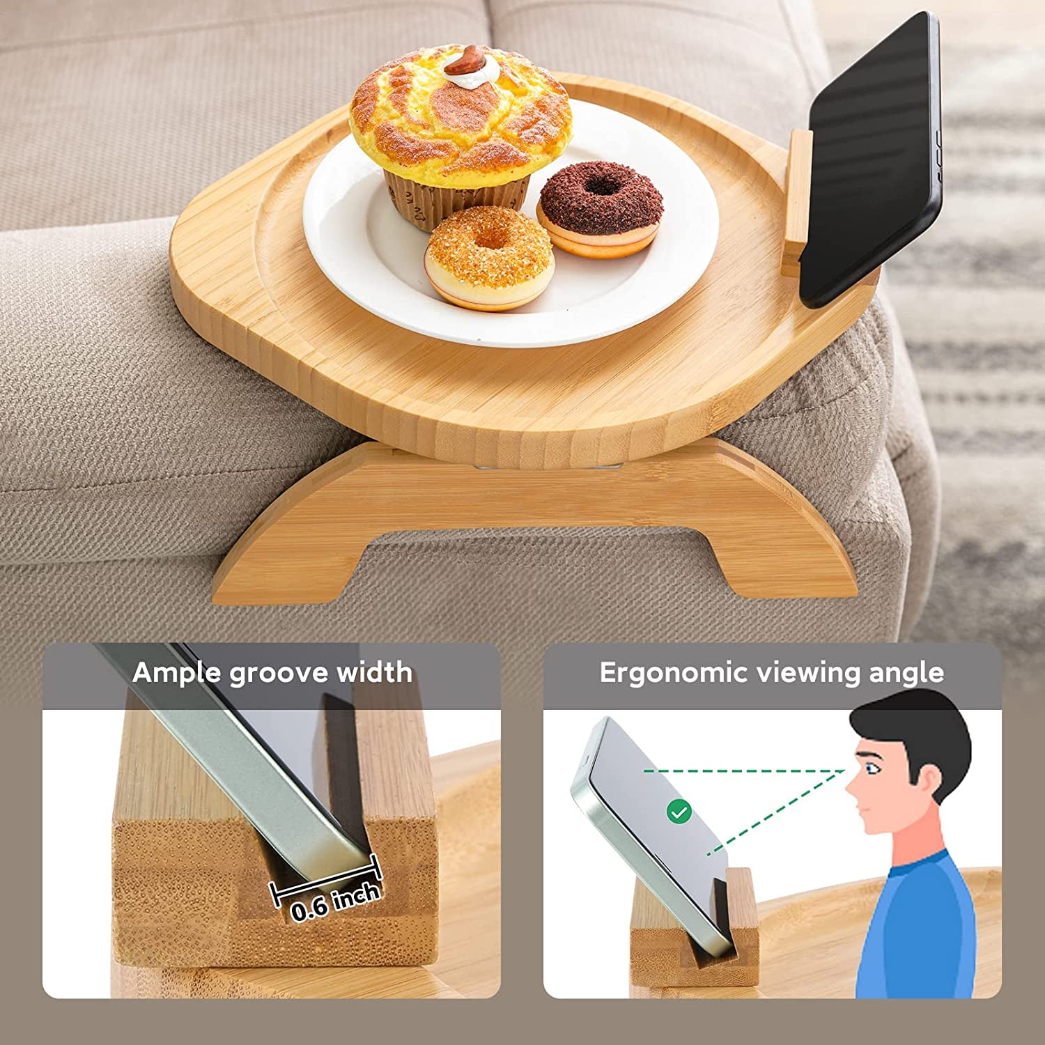 Bamboo Sofa Tray Table Clip on Side Table Couch Arm with 360° Rotating Phone Holder, Couch Tray for Arm, Sofa Table for Eating/Drinks/Snacks/Remote/Control, Nature, 11.8'D X 9.8'W X 1.7'H