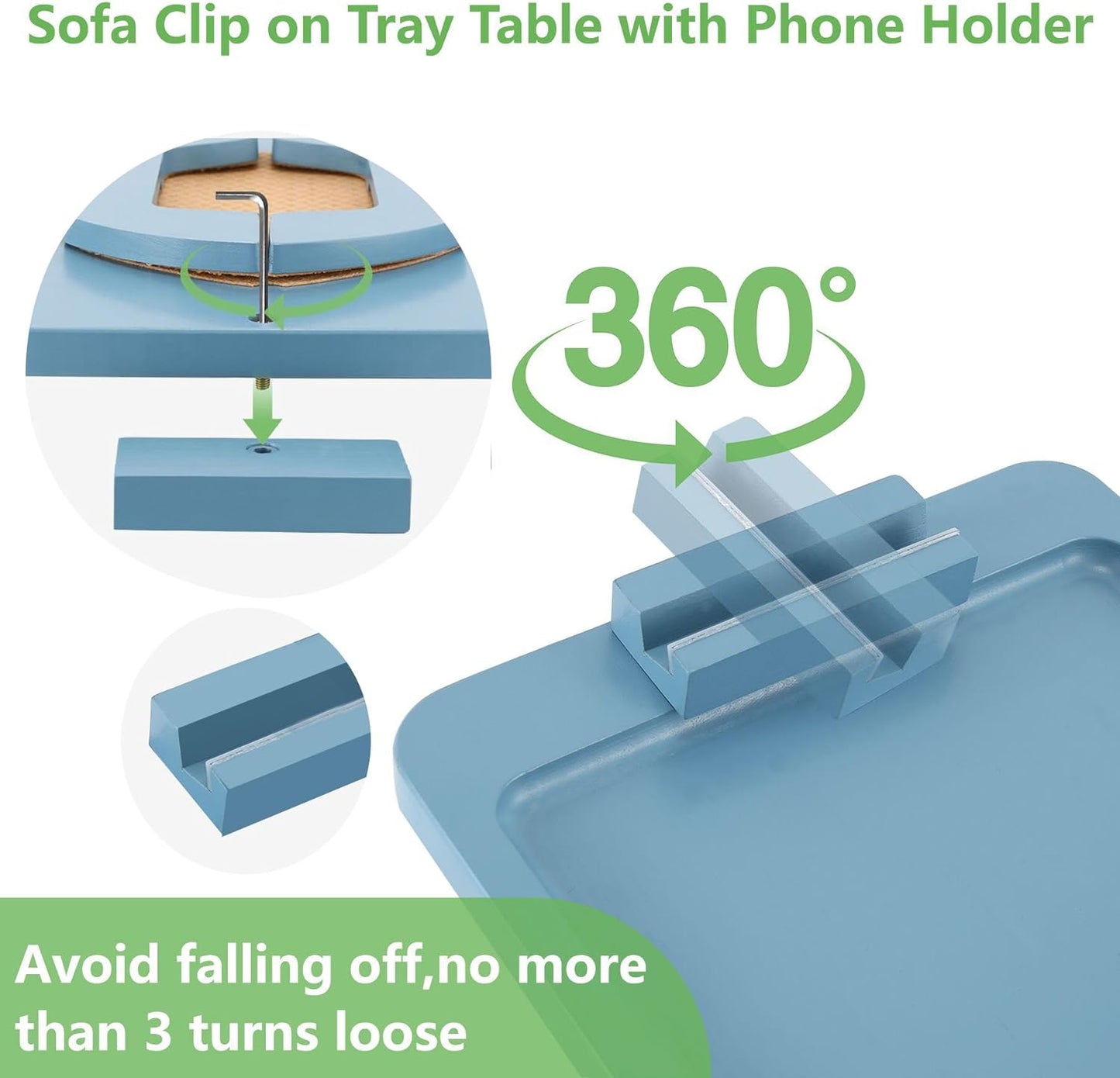 Sofa Arm Clip on Tray Table,Bamboo Couch Table for Wide Side Table, Armrest with 360° Phone Holder,Portable TV Table,Sofa Eating and Drink Blue