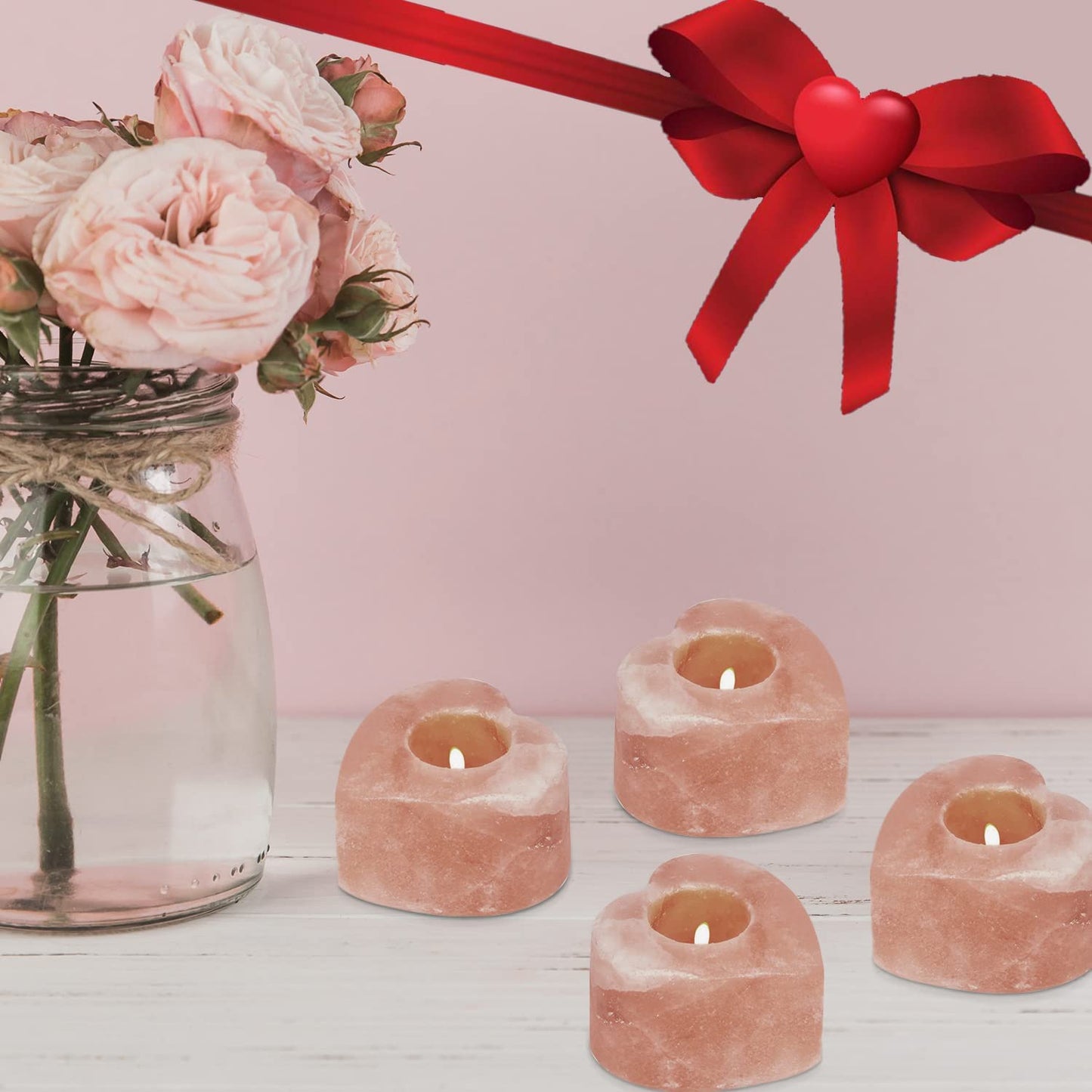 4 Pack Pure Himalayan Salt Candle Holders | Heart Shaped Himalayan Salt Tea Candle Holder | Hand Crafted Himalayan Tealight Holders | Salt Candle Holder for Decor | Salt Lamp Tealight Holders