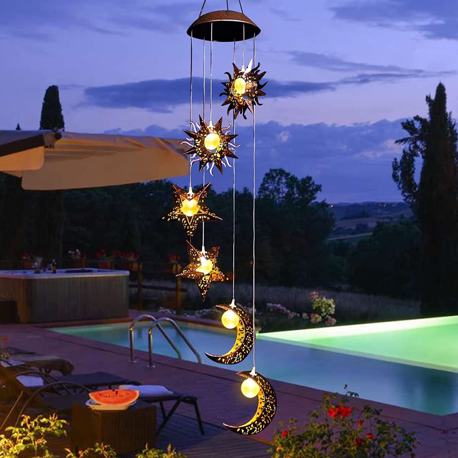 Solar Powered Wind Chimes with Sun Moon Star Warm LED Windchimes Hanging Outdoor Lights Unique Decor Gifts for Wife Mom Grandma Neighbors