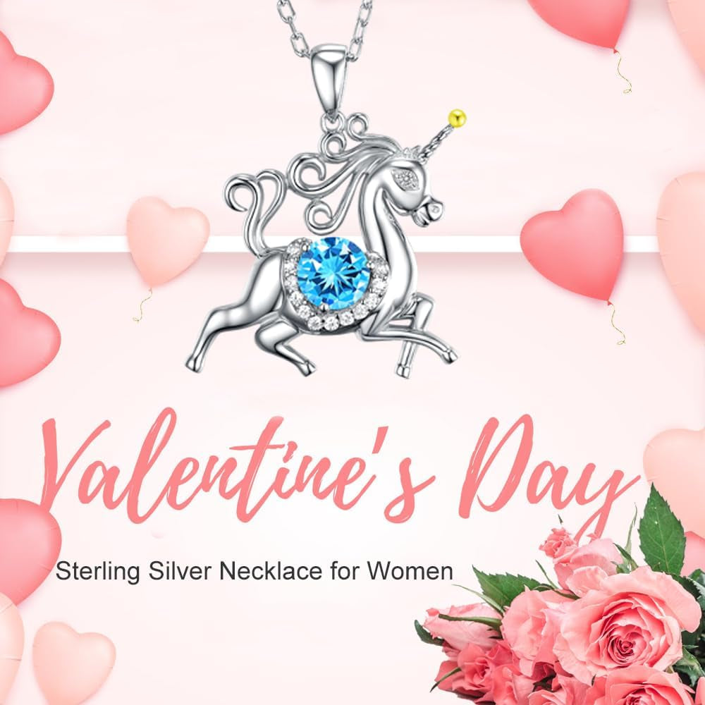 Valentines Day Birthday Gifts Unicorn Necklace for Daughter 925 Sterling Silver Animal Pendant Necklace February March Birthstone Amethyst Aquamarine Jewelry for Wife Girlfriend