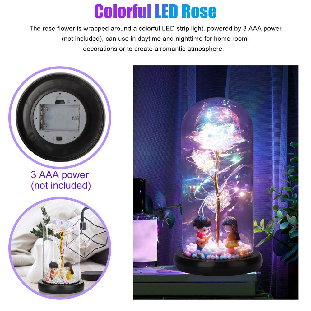 Galaxy Rose Flower Gift,  Colorful Artificial Rose Forever with LED Light String in Glass Dome for Wife Women Wedding Mother'S Valentine'S Day Anniversary and Birthday Thanksgiving Gifts