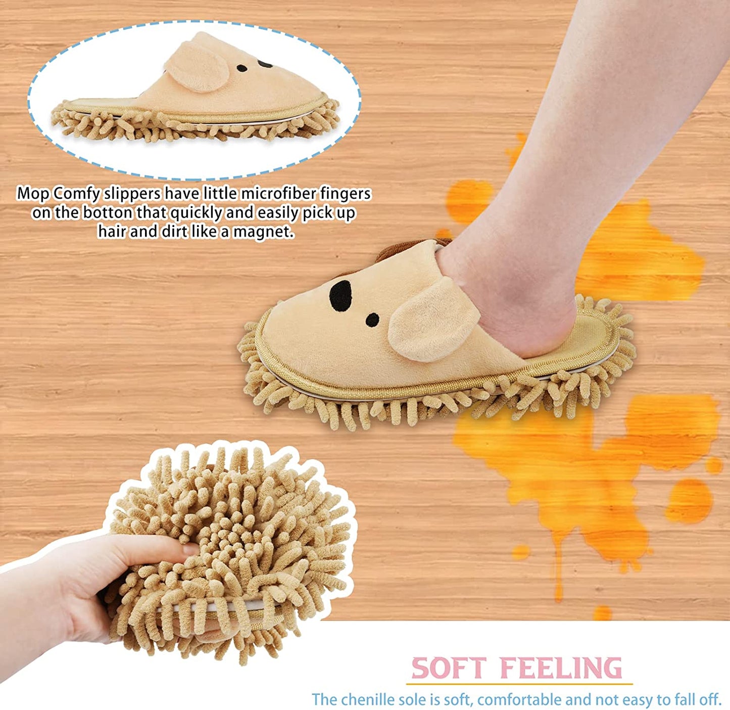 Cartoon Dog Mop Slippers Microfiber Clean Dusting Slippers Detachable Mopping Shoes for Office Home Room (Khaki)