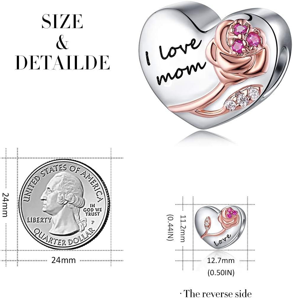 925 Sterling Silver Heart Love with 3D Rose Flower Charms Beads for Bracelets Necklaces Wedding Valentine'S Day Mother'S Day Christmas Gift Jewelry for Wife Mom Sister Family Best Friends