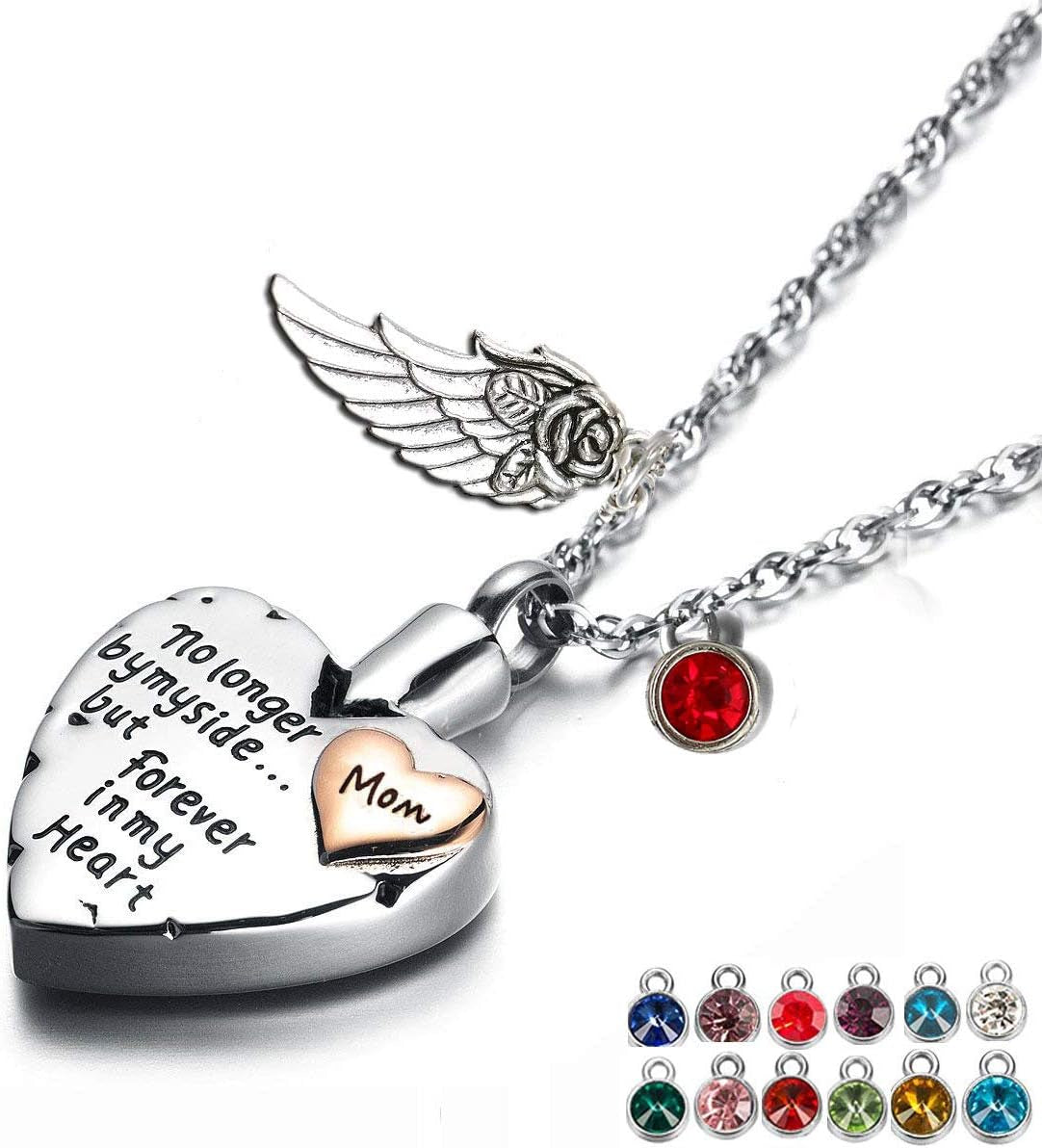 Heart Cremation Urn Necklace for Ashes Angel Wing Jewelry Memorial Pendant and 12 PCS Birthstones No Longer by My Side but Forever in My Heart