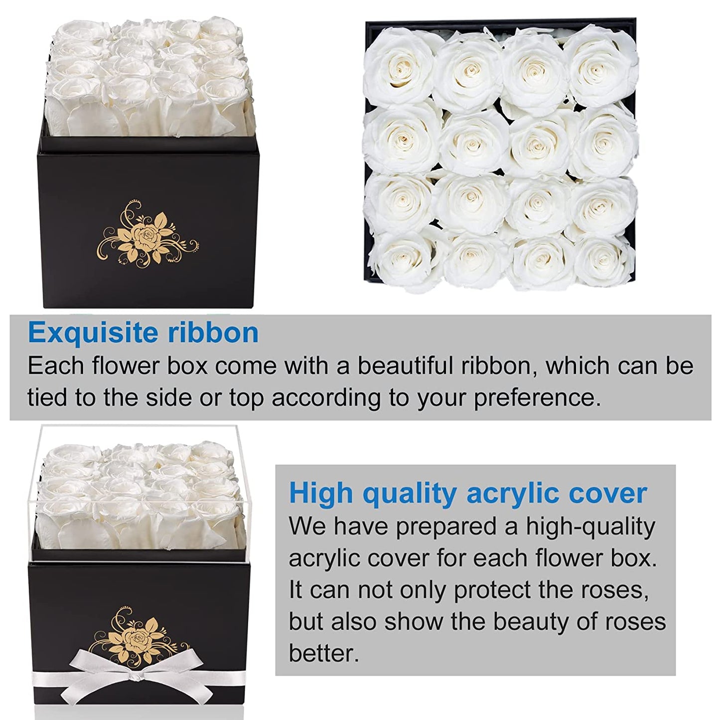 Luxury Preserved Roses in a Box, White Real Roses Valentines Day Gifts for Her, Birthday Gifts for Women, for Wife, Mother’s Day 