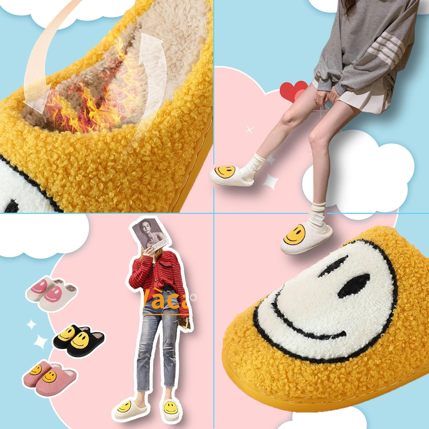 Smile Face Slippers for Women Men, Retro Soft Plush Lightweight Cute Happy Face House Slides, Cozy Fluffy Warm Home Cloud Slippers Slip-On Fleece Shoes Non-Slip Indoor Outdoor