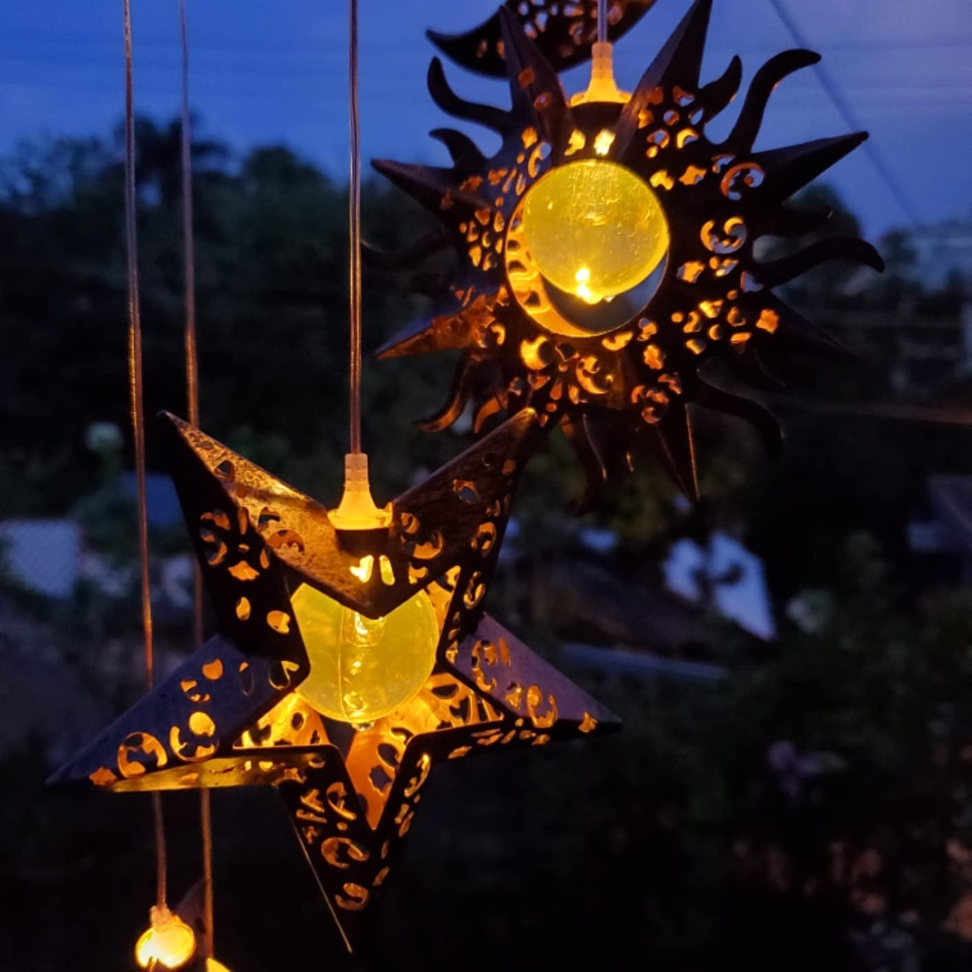 Solar Powered Wind Chimes with Sun Moon Star Warm LED Windchimes Hanging Outdoor Lights Unique Decor Gifts for Wife Mom Grandma Neighbors