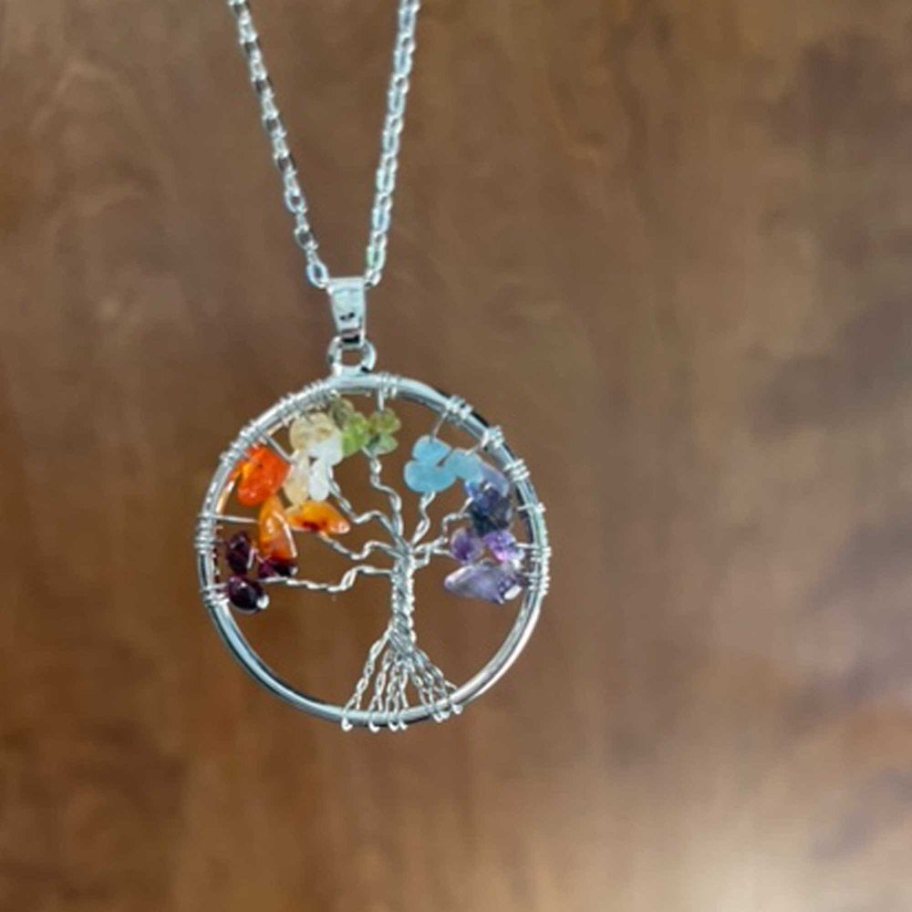 Handmade Genuine Gemstone Rainbow 7 Chakra Crystals Tree of Life Pendant Necklace