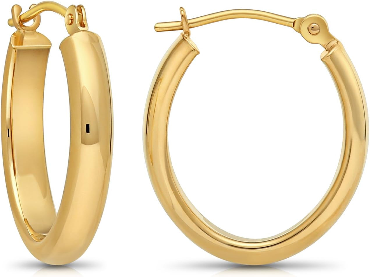 14K Gold Small Oval Polished Hoop Earrings (0.7 Inch Diameter)