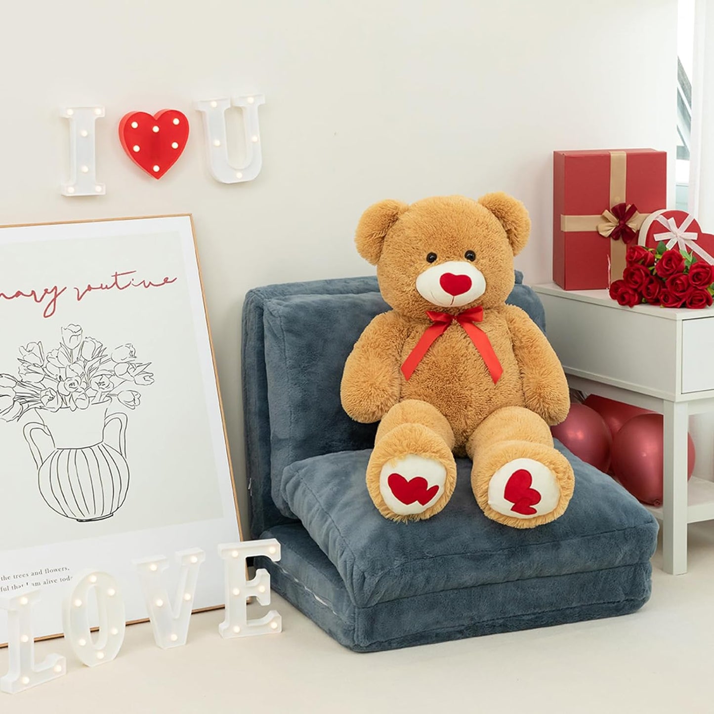 Giant Teddy Bear Stuffed Animal Large Bear Plush with Red Heart for Girlfriend and Kids Valentine'S Day 36 Inch Tan