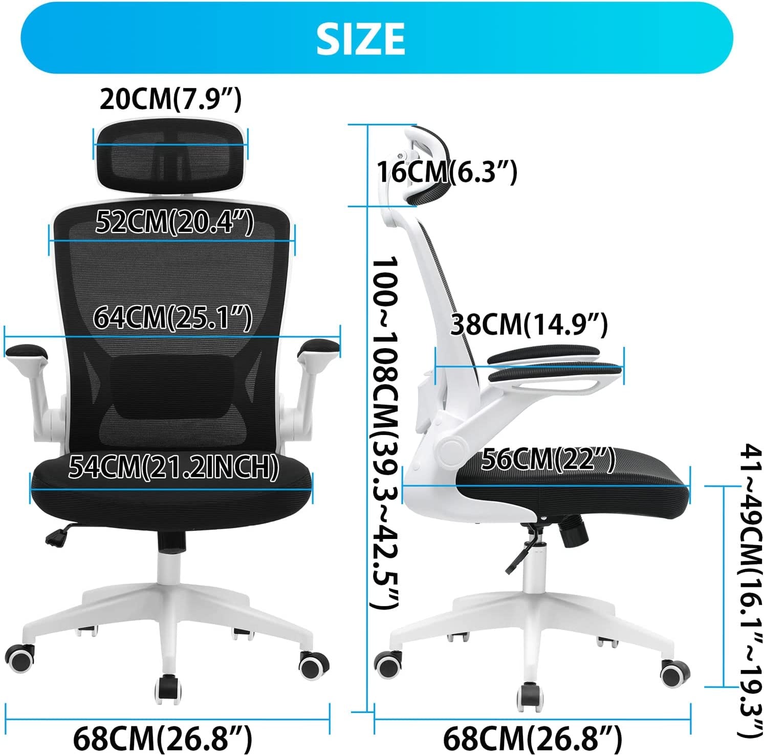 Ergonomic Office Chair, Breathable Mesh Desk Chair, Lumbar Support Computer Chair with Headrest and Flip-Up Arms, Swivel Task Chair, Adjustable Height Gaming Chair, White