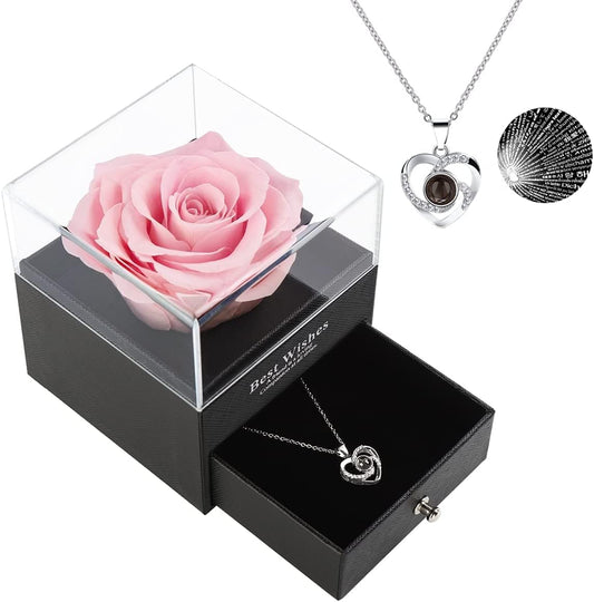 Valentines Day Gifts for Her, Gifts for Grandma, Preserved Real Pink Rose Flower with Love Heart I Love You Necklace 100 Languages Gift Set, Wedding Birthday Romantic Gifts for Wife, Women, Mom