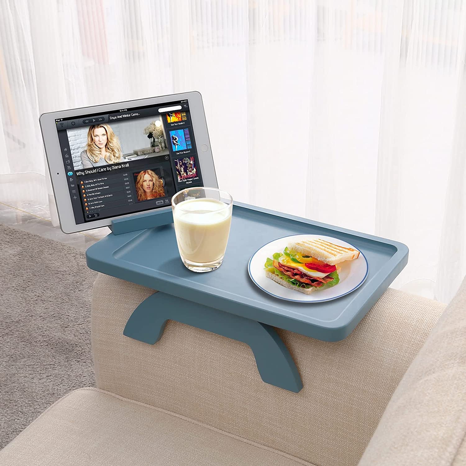 Sofa Arm Clip on Tray Table,Bamboo Couch Table for Wide Side Table, Armrest with 360° Phone Holder,Portable TV Table,Sofa Eating and Drink Blue