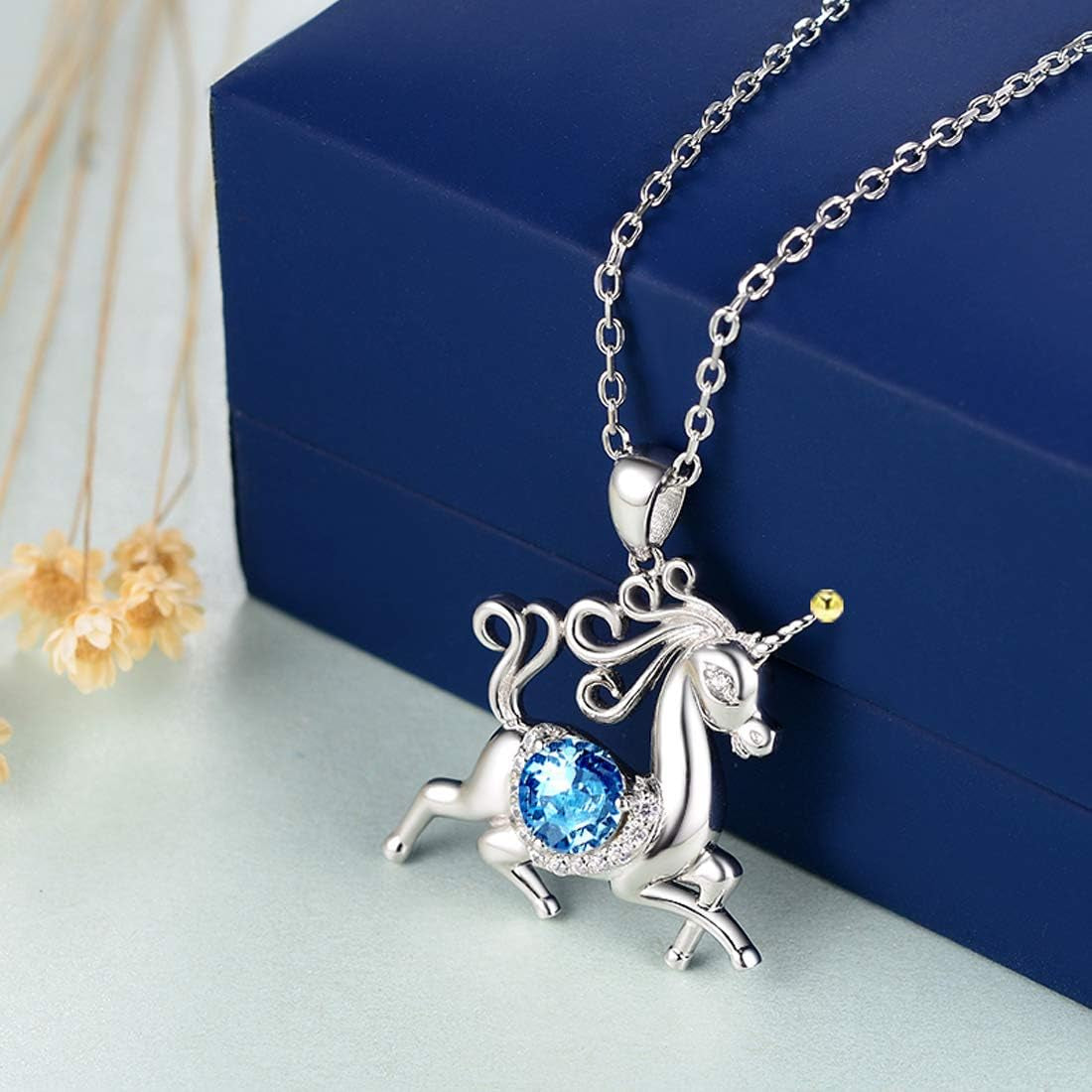 Valentines Day Birthday Gifts Unicorn Necklace for Daughter 925 Sterling Silver Animal Pendant Necklace February March Birthstone Amethyst Aquamarine Jewelry for Wife Girlfriend