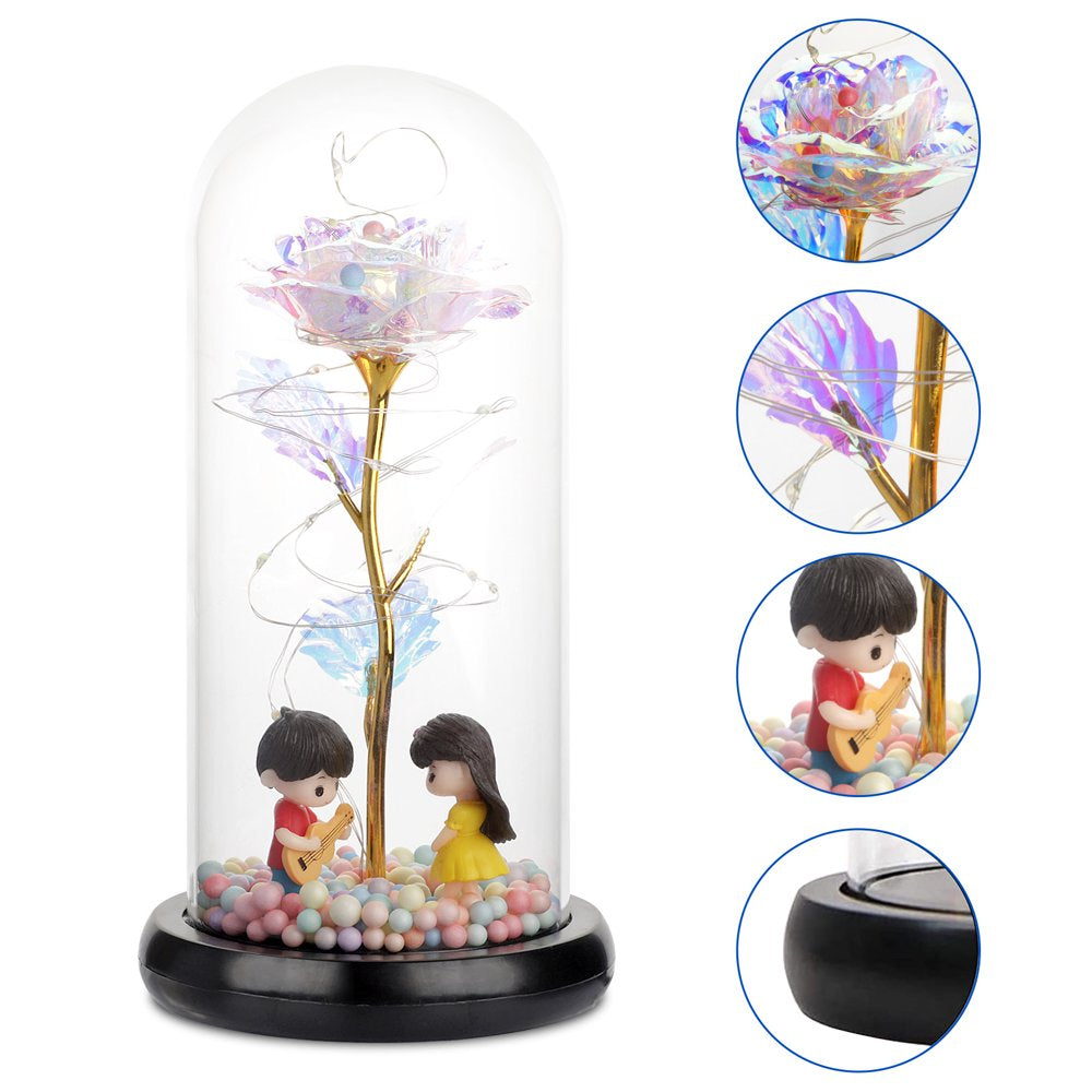 Galaxy Rose Flower Gift,  Colorful Artificial Rose Forever with LED Light String in Glass Dome for Wife Women Wedding Mother'S Valentine'S Day Anniversary and Birthday Thanksgiving Gifts