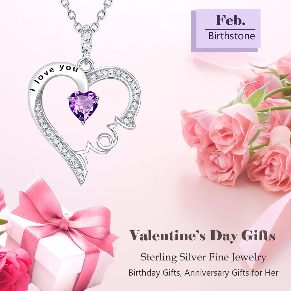 Valentines Day Jewelry Gifts I Love You Mom Necklace for Wife 925 Sterling Silver Pendant with February March Birthstones Amethyst Aquamarine Necklace for Women Birthday Gifts Jewelry Gifts