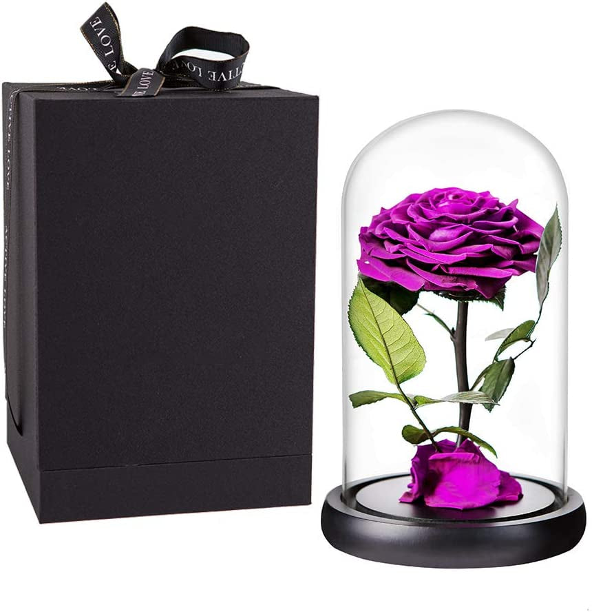 Preserved Roses Purple Real Preserved Rose in Glass Dome with Wooden Base, Rose Preserved Never Withered Romantic Gifts for Her, Valentine'S Day, Mother'S Day, Birthday (9 Inch, Purple)