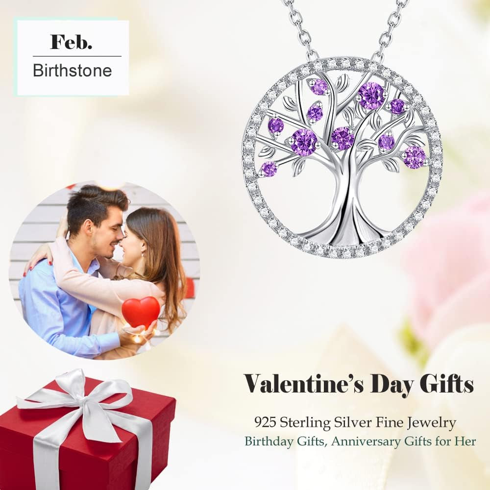 Valentines Day Jewelry Gifts Tree of Life Necklace for Women February March Birthstones Amethyst Aquamarine Necklace for Wife Mom Birthday Gifts for Her S925 Sterling Silver