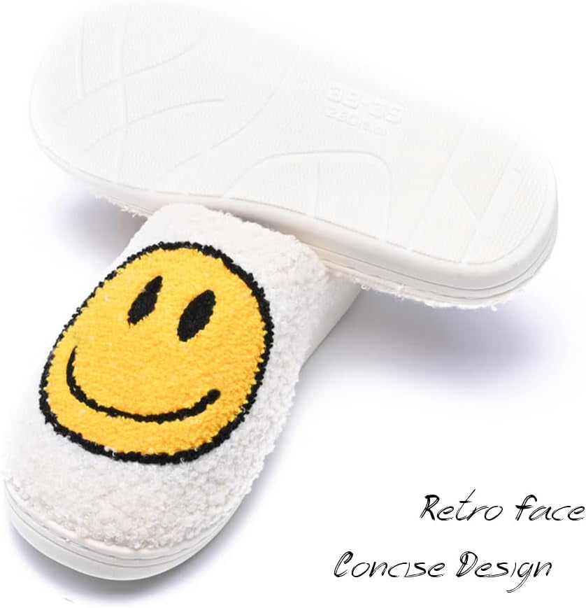 Women'S Men'S Retro Preppy Happy Face Slippers Comfy Warm Plush Slip-On House Slipper for Winter Indoor Soft Cushion Non-Slip Fluffy Slides Slippers