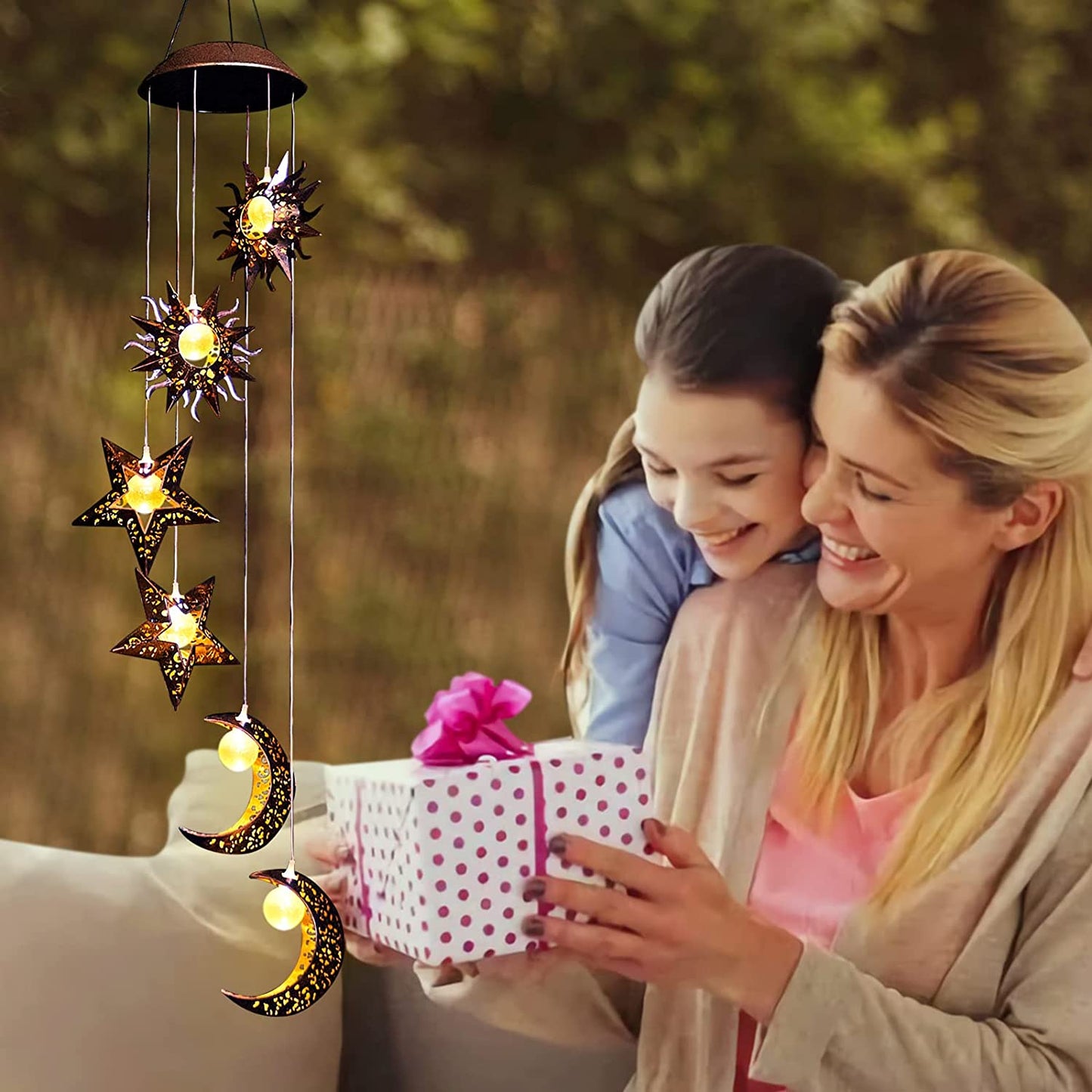 Solar Powered Wind Chimes with Sun Moon Star Warm LED Windchimes Hanging Outdoor Lights Unique Decor Gifts for Wife Mom Grandma Neighbors