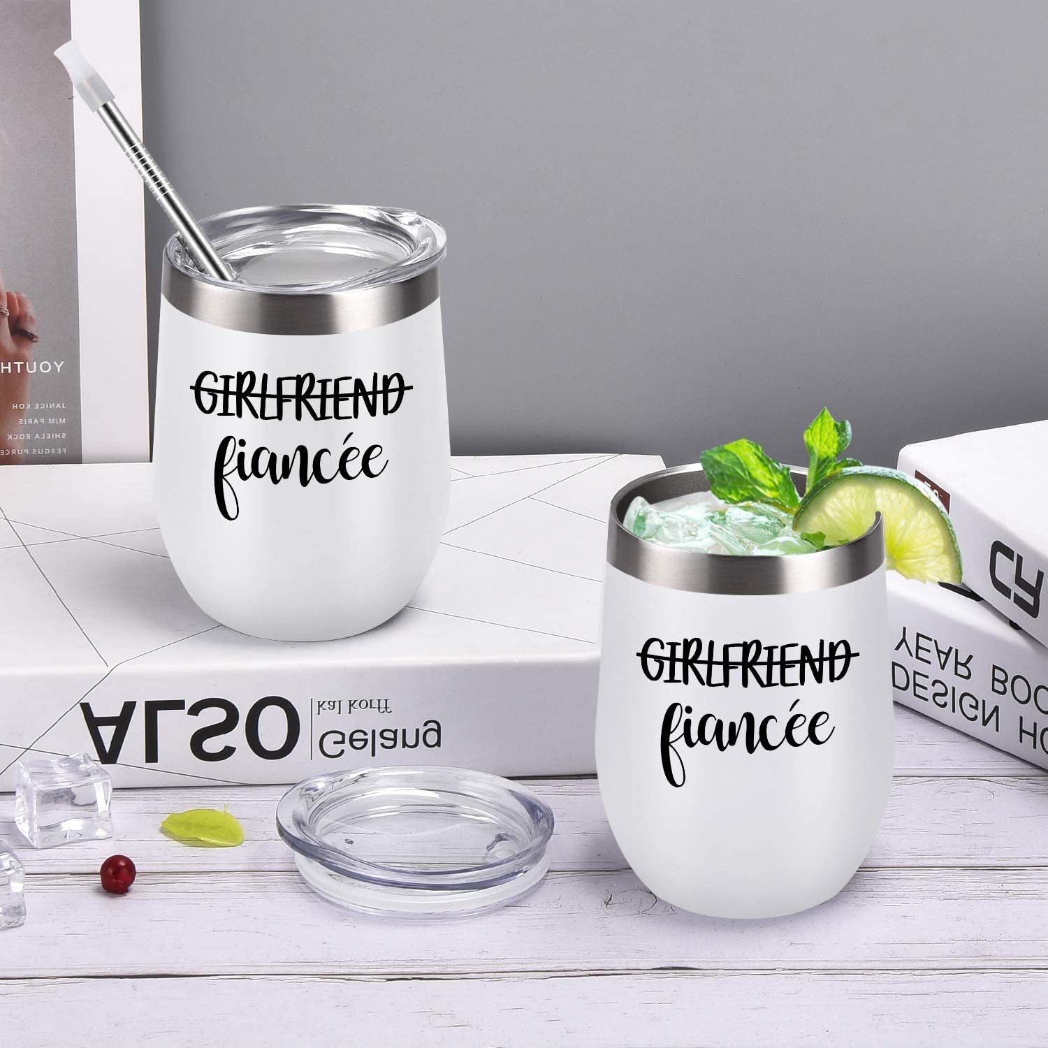 Girlfriend and Girlfriend Wine Tumbler Lesbian Couple Gifts, Engagement Wedding Valentine’S Day LGBT Gifts for Girlfriend, 12 Oz Stainless Steel Fiancée Wine Tumbler Set with Lids, White