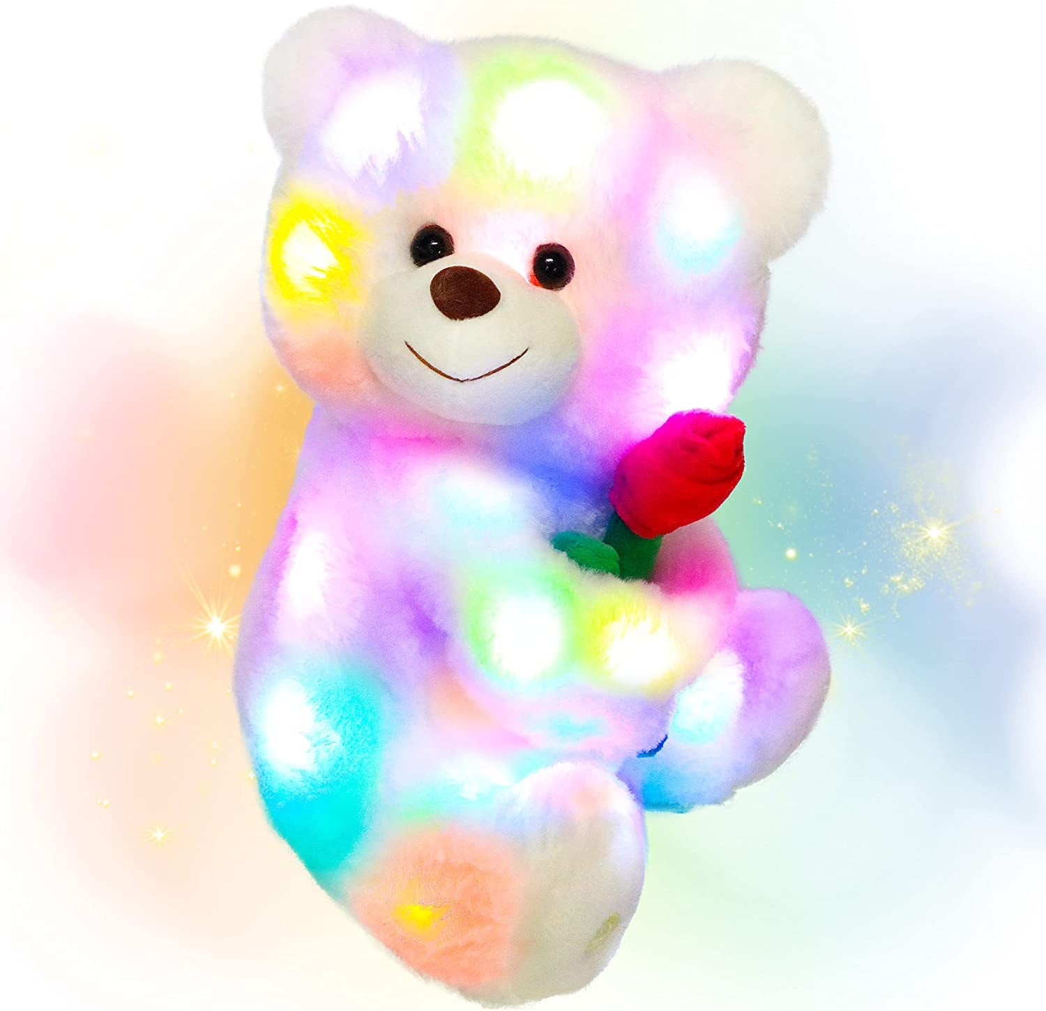 LED Plush Teddy Bear with Rose Lighting up Stuffed Animal Floppy Night Lights Glow in the Dark Birthday Mother'S Day for Kids Girls Toddlers, White, 11''