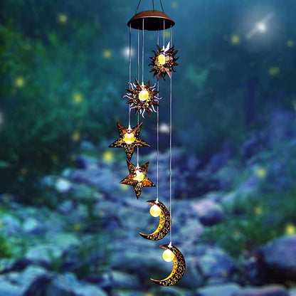 Solar Powered Wind Chimes with Sun Moon Star Warm LED Windchimes Hanging Outdoor Lights Unique Decor Gifts for Wife Mom Grandma Neighbors