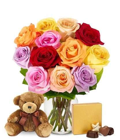 - One Dozen Rainbow Roses with Chocolates & Teddy Bear (Fresh Flowers)