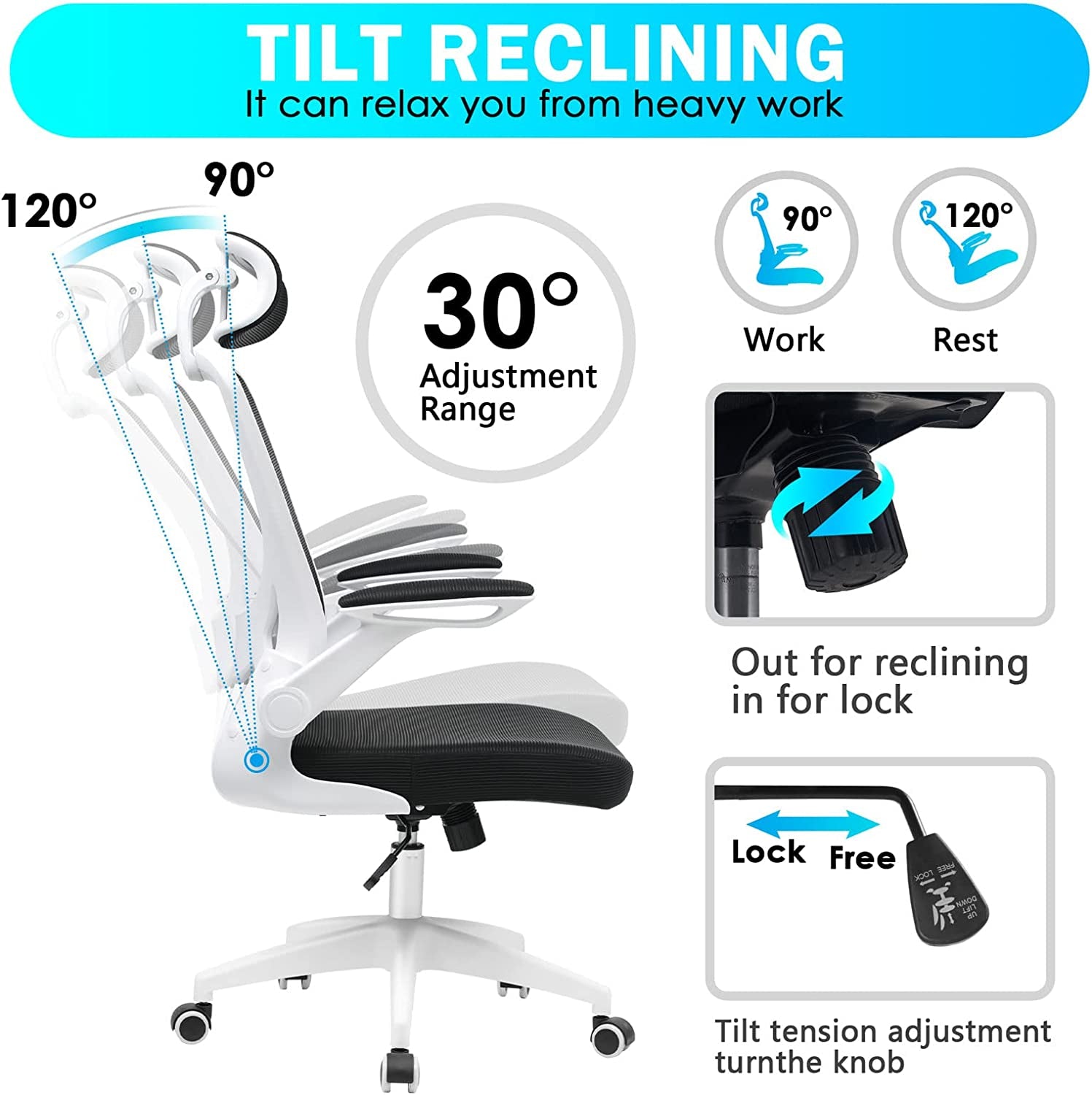 Ergonomic Office Chair, Breathable Mesh Desk Chair, Lumbar Support Computer Chair with Headrest and Flip-Up Arms, Swivel Task Chair, Adjustable Height Gaming Chair, White