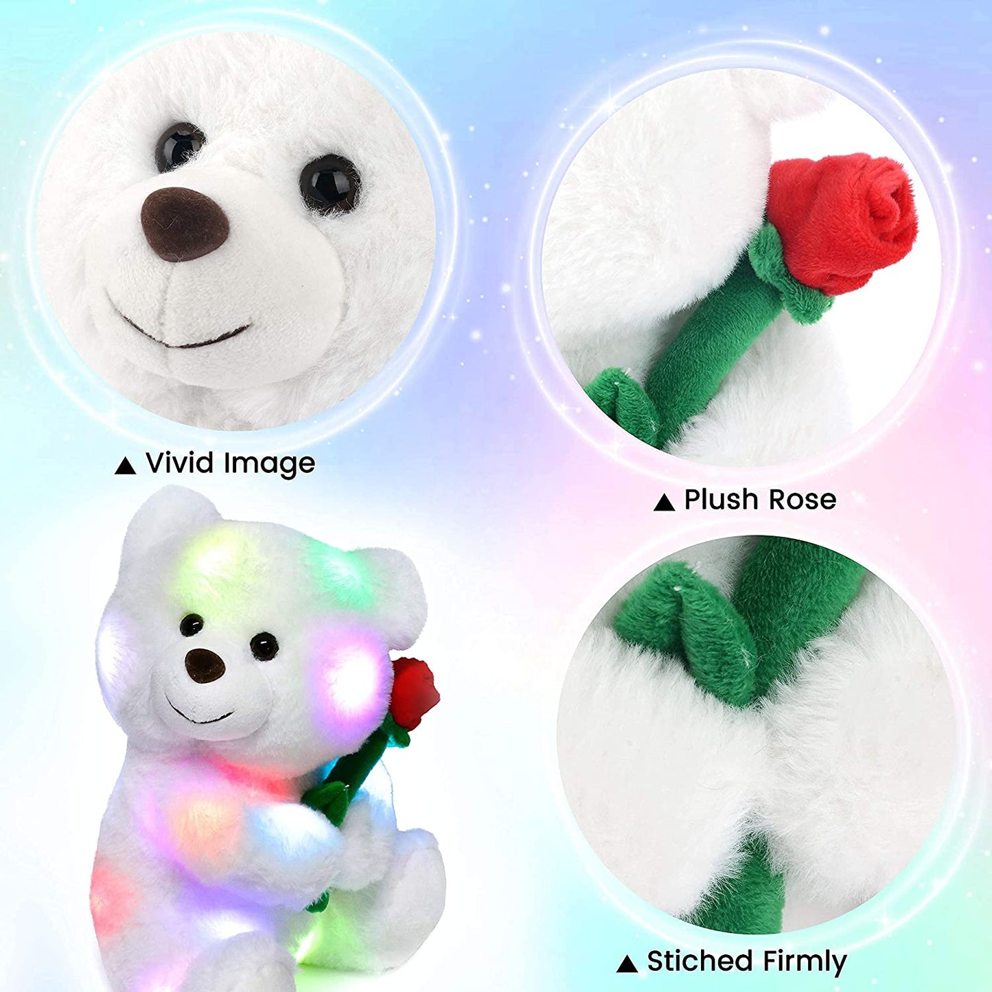 LED Plush Teddy Bear with Rose Lighting up Stuffed Animal Floppy Night Lights Glow in the Dark Birthday Mother'S Day for Kids Girls Toddlers, White, 11''