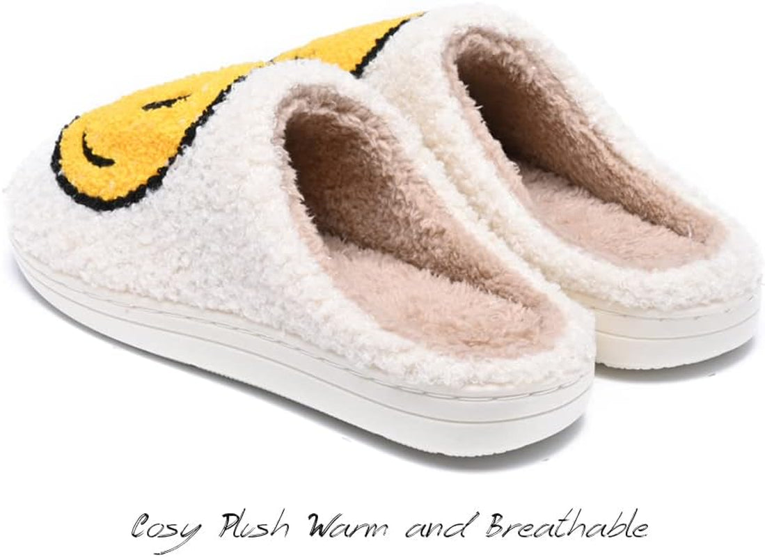 Women'S Men'S Retro Preppy Happy Face Slippers Comfy Warm Plush Slip-On House Slipper for Winter Indoor Soft Cushion Non-Slip Fluffy Slides Slippers