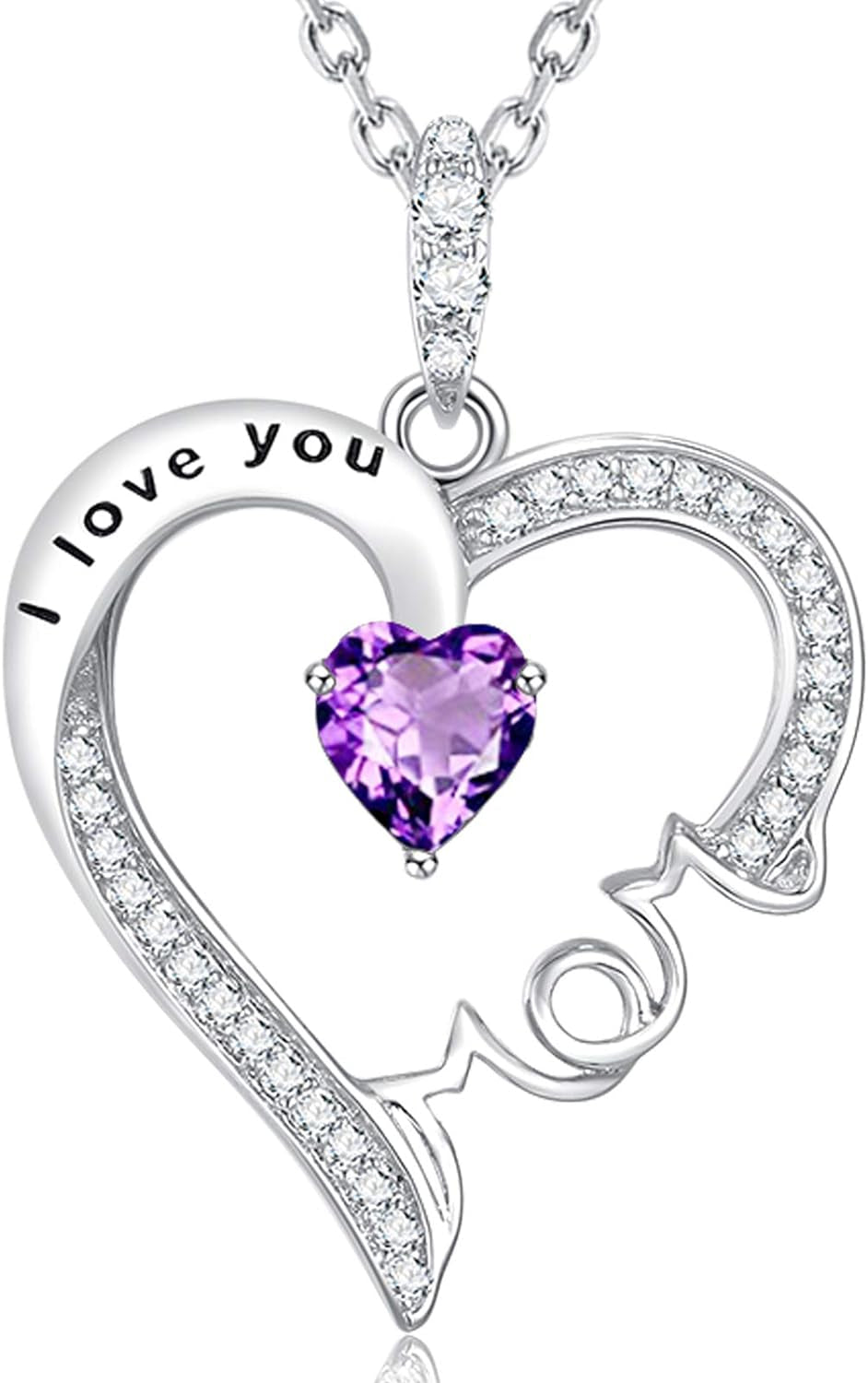 Valentines Day Jewelry Gifts I Love You Mom Necklace for Wife 925 Sterling Silver Pendant with February March Birthstones Amethyst Aquamarine Necklace for Women Birthday Gifts Jewelry Gifts