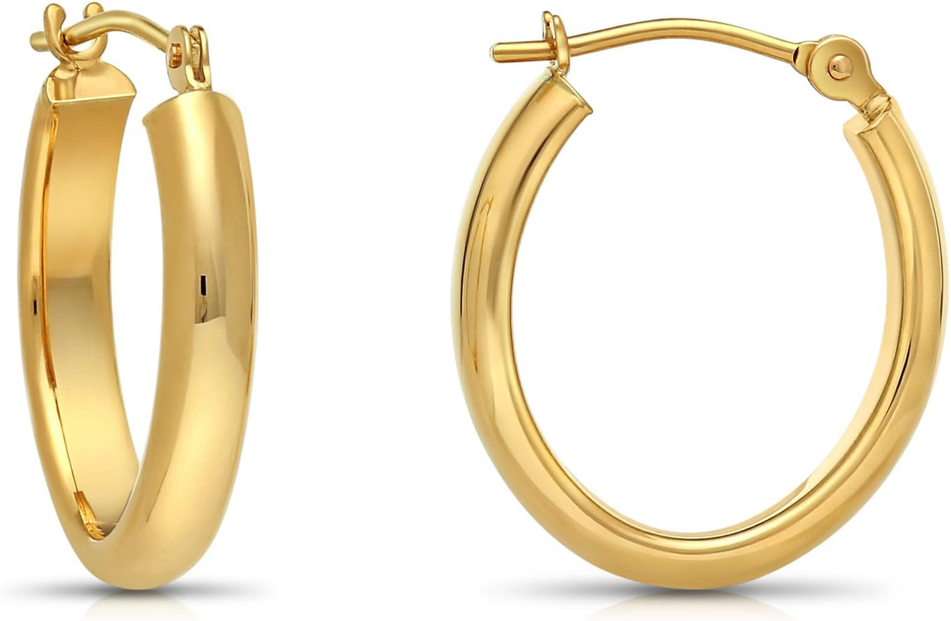 14K Gold Small Oval Polished Hoop Earrings (0.7 Inch Diameter)