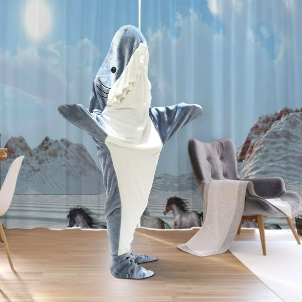 Shark Blanket - Wearable Blanket for Adult Kids, Super Soft Cozy Flannel Hoodie, Shark Onesie, Shark Blanket Hoodie, Shark Sleeping Bag (Gray Blue, XL)