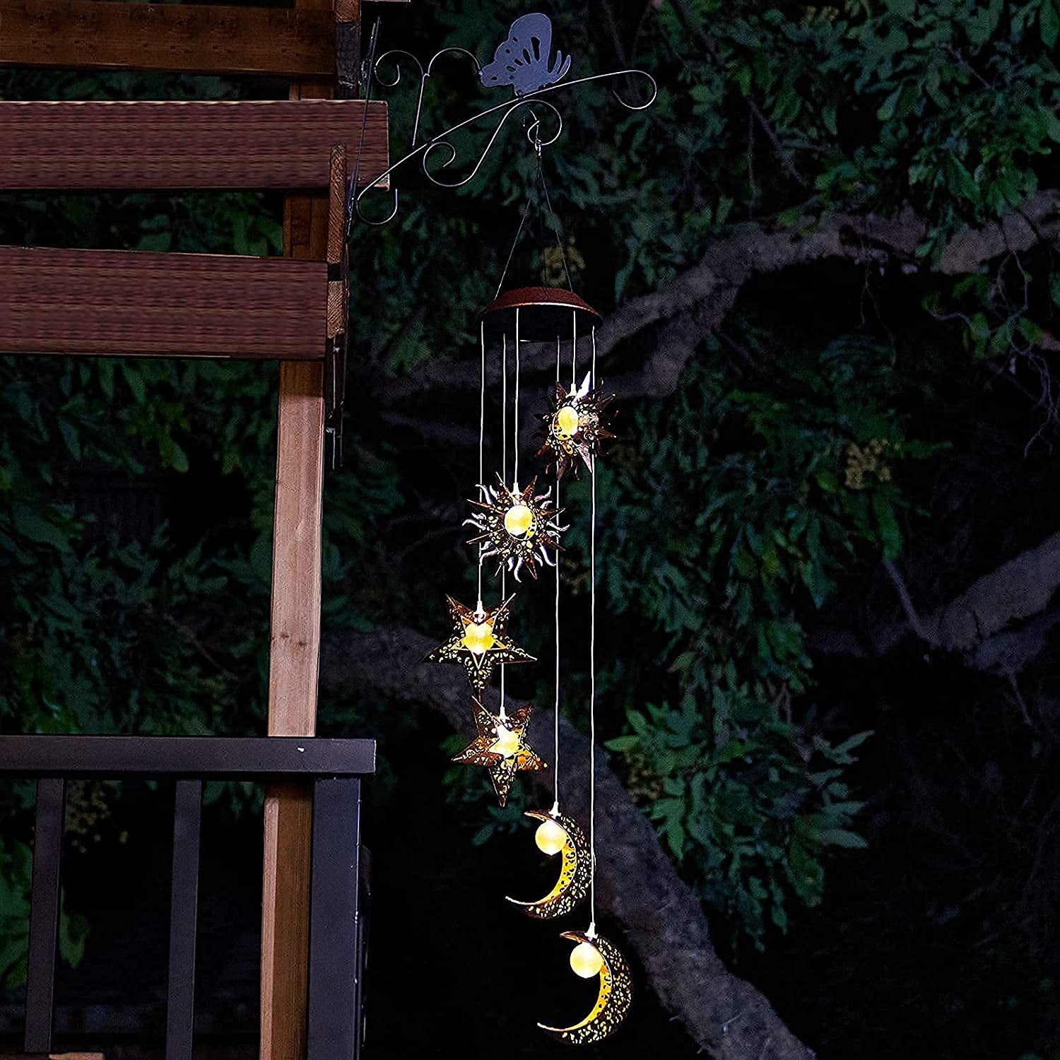 Solar Powered Wind Chimes with Sun Moon Star Warm LED Windchimes Hanging Outdoor Lights Unique Decor Gifts for Wife Mom Grandma Neighbors