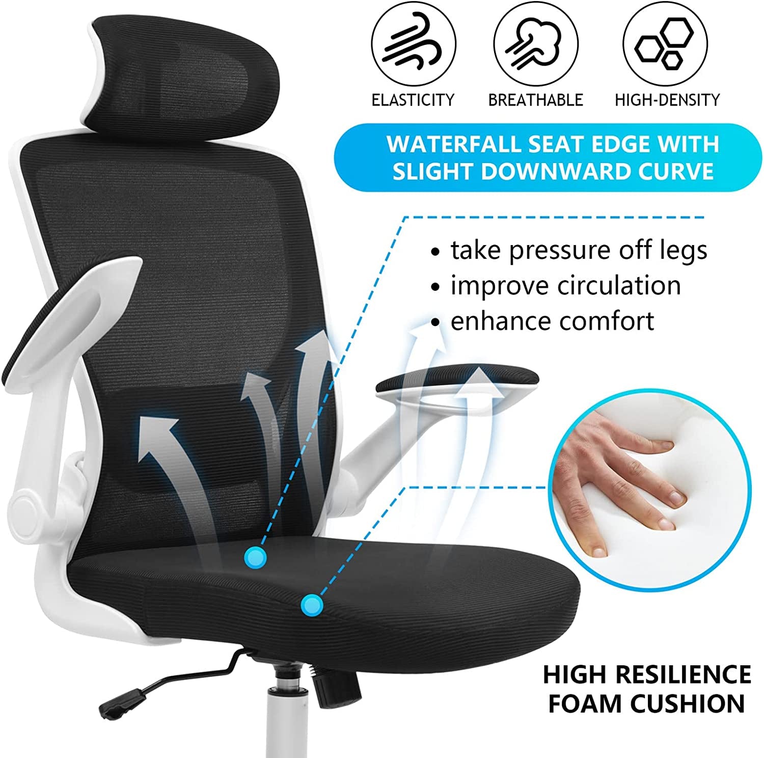 Ergonomic Office Chair, Breathable Mesh Desk Chair, Lumbar Support Computer Chair with Headrest and Flip-Up Arms, Swivel Task Chair, Adjustable Height Gaming Chair, White