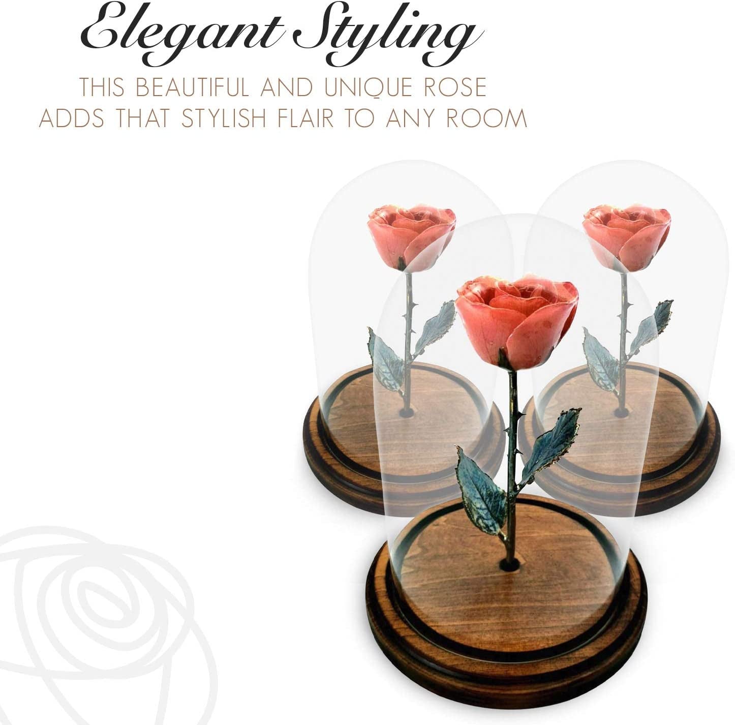 Enchanted Rose, Eternal a Genuine, One of a Kind, Real Pink Rose, Hand Dipped in Lacquer with a Copper Stem and Leaves, in a Glass Dome, Beauty and the Beast