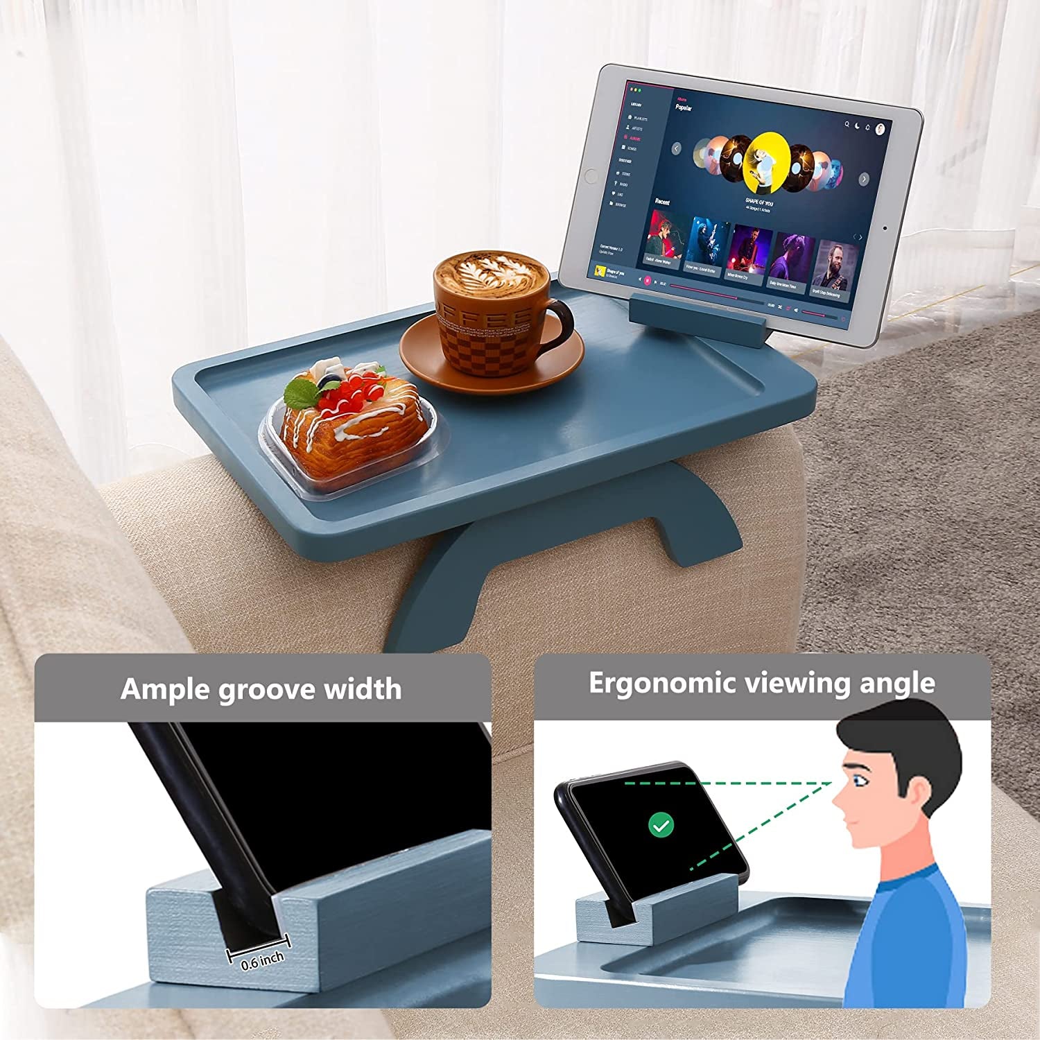 Sofa Arm Clip on Tray Table,Bamboo Couch Table for Wide Side Table, Armrest with 360° Phone Holder,Portable TV Table,Sofa Eating and Drink Blue