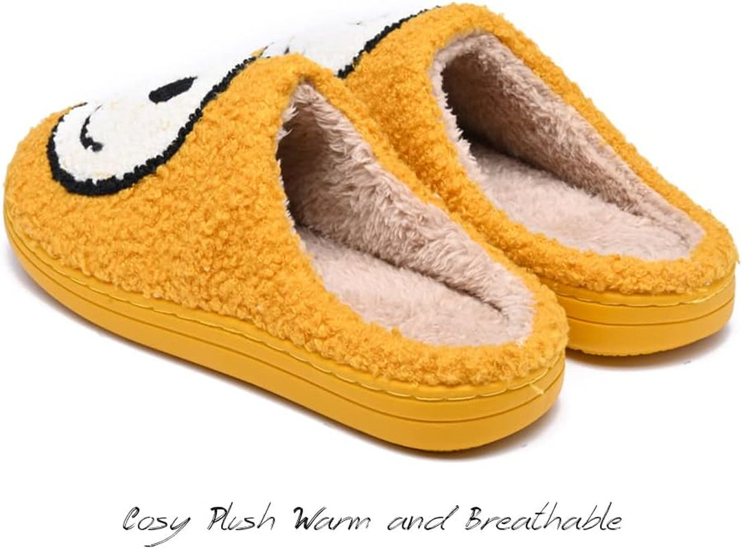 Women'S Men'S Retro Preppy Happy Face Slippers Comfy Warm Plush Slip-On House Slipper for Winter Indoor Soft Cushion Non-Slip Fluffy Slides Slippers