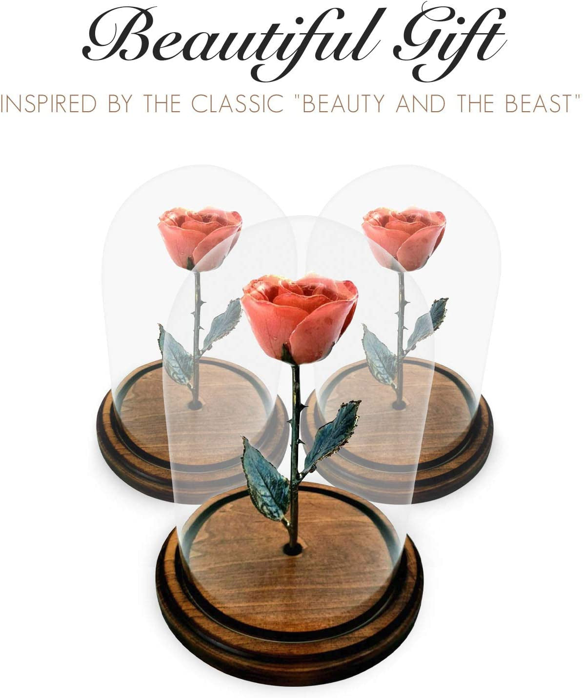 Enchanted Rose, Eternal a Genuine, One of a Kind, Real Pink Rose, Hand Dipped in Lacquer with a Copper Stem and Leaves, in a Glass Dome, Beauty and the Beast