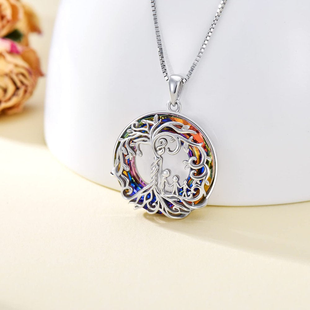 Valentines Day Gifts for Her Sterling Silver Mother and 3 Children Family Tree of Life Pendant Necklace with Volcano Crystal Mom Daughter Jewelry Gift for Women Wife Daughter Birthday mother’s day