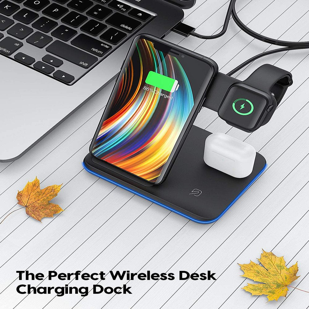 Wireless Charger Station, Qi-Certified 3 in 1 Fast Wireless Charger Stand with Breathing Indicator Compatible with Apple Watch Airpods for Iphone 14/13/12/11/Pro Max/12 Mini/11 Pro/Xr/8 Plus