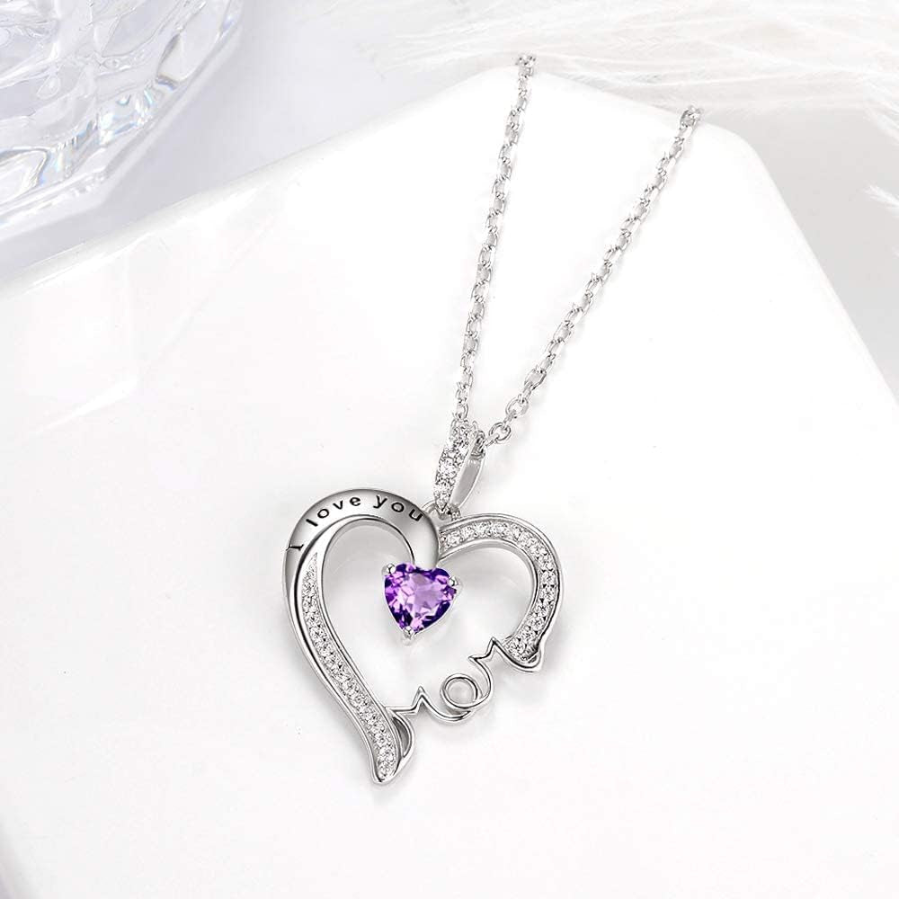 Valentines Day Jewelry Gifts I Love You Mom Necklace for Wife 925 Sterling Silver Pendant with February March Birthstones Amethyst Aquamarine Necklace for Women Birthday Gifts Jewelry Gifts