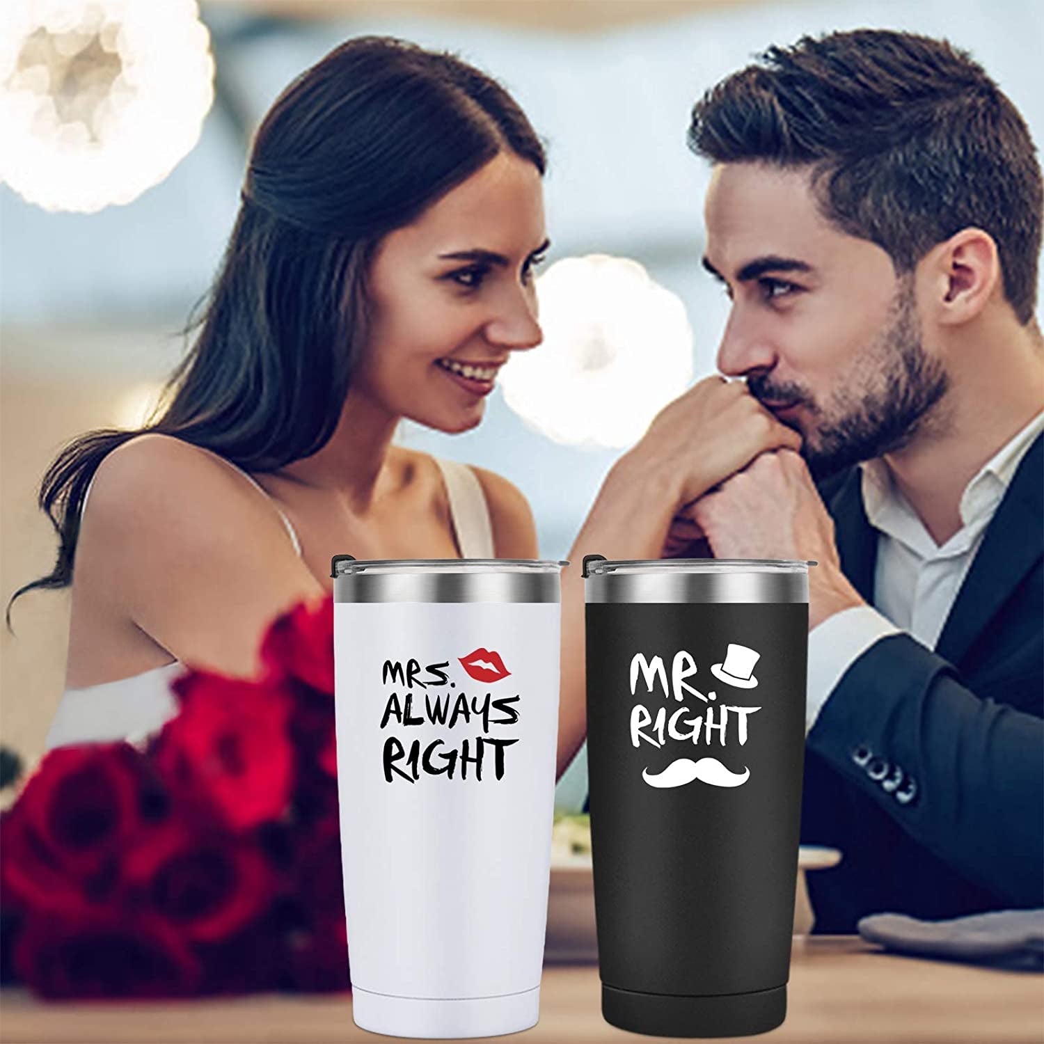 Mr. Right Mrs. Always Right Travel Tumbler Set, Wedding Engagement Gifts for Husband Wife Newlywed Couples Bride Groom Anniversary Bridal Shower, 20Oz Stainless Steel Travel Tumbler, Black and White, Mother’s Day 