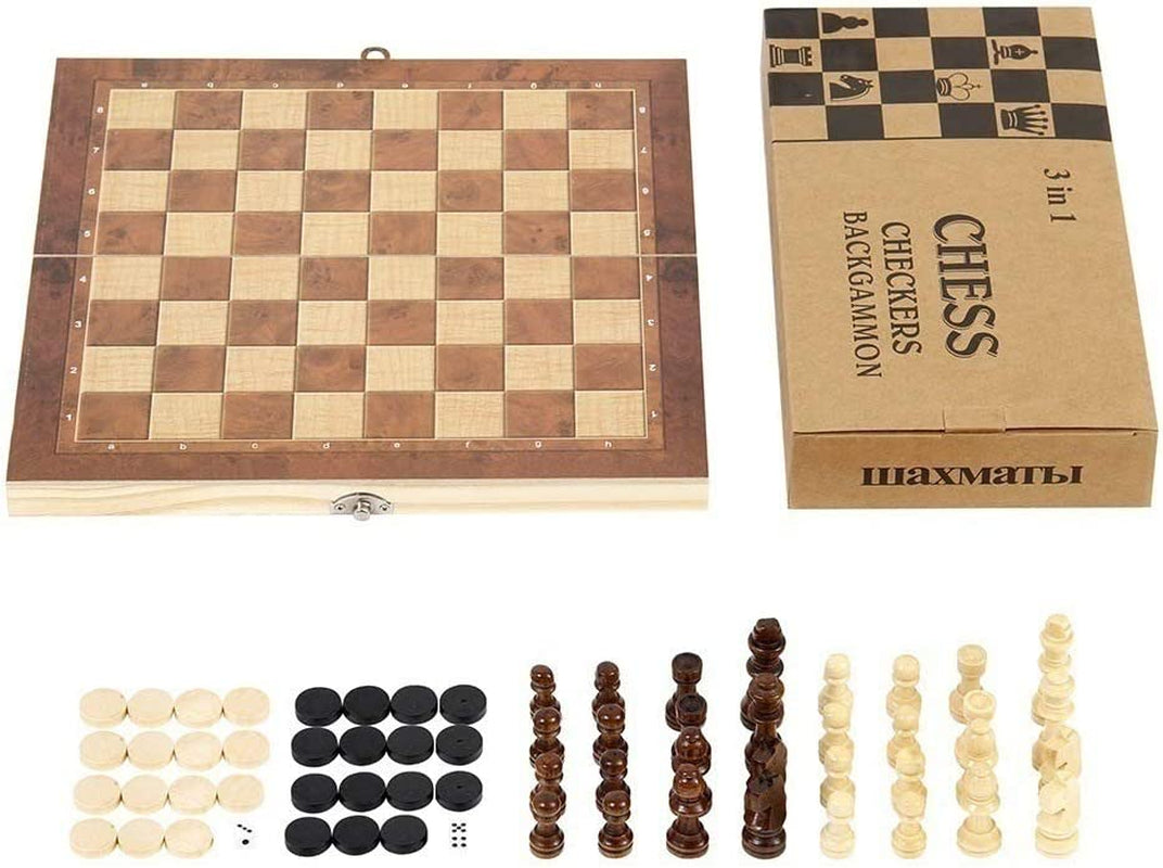 Chess Set，Folding Storage Wooden Chess Board Sets，3 in 1 Chess Board Game for Adults and Kids （Chess，Backgammon，Checkers），Exquisite Wooden Chess Pieces