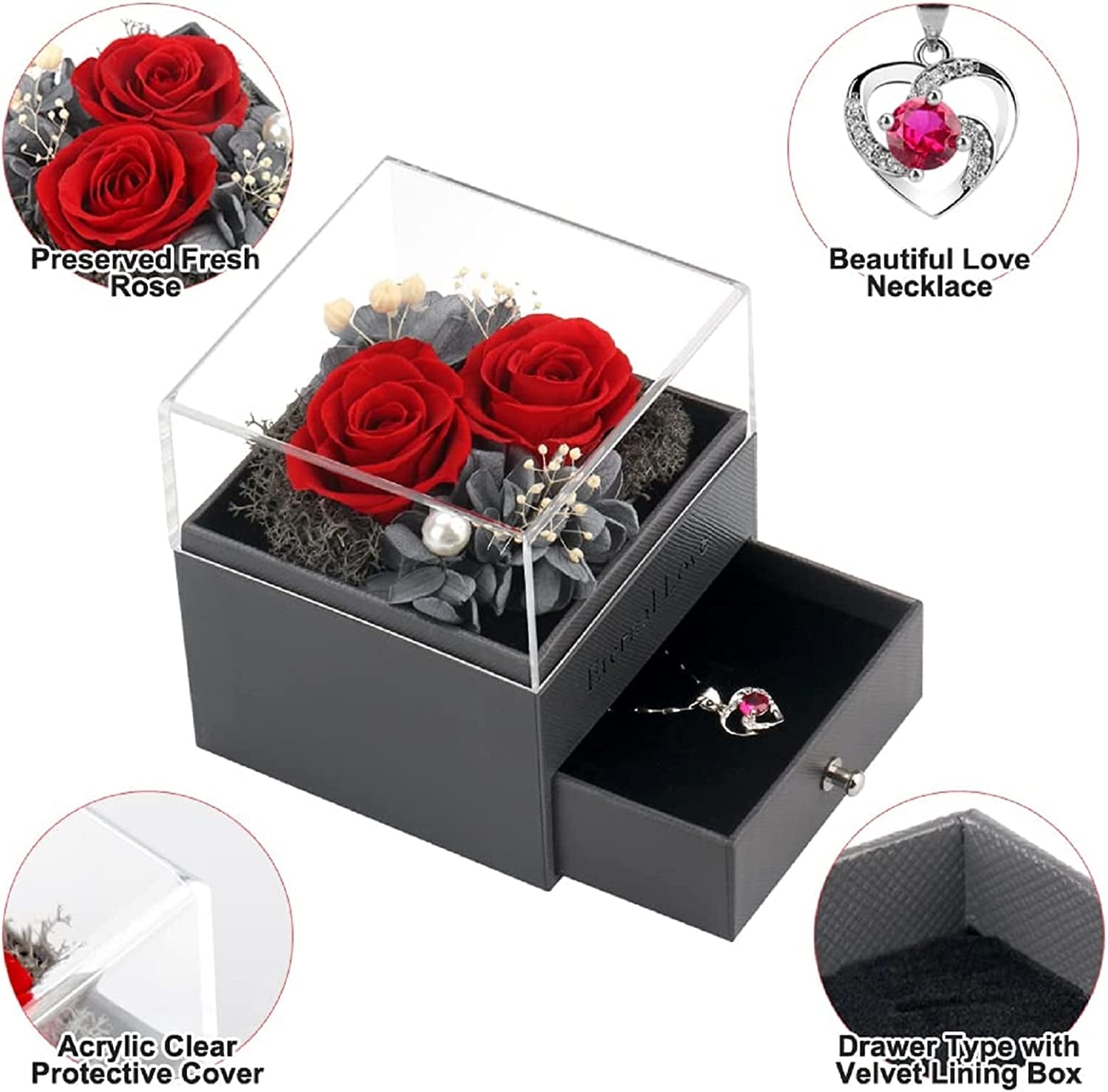 Preserved Rose,Birthday Gifts for Women Mom Girlfriend,Gifts for Mom Grandma Wife Daughter Sister,Jewelry Boxes with Necklace